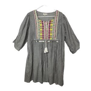 Velzeera top dress tunic women's fit XL white gray stripe with embroidery